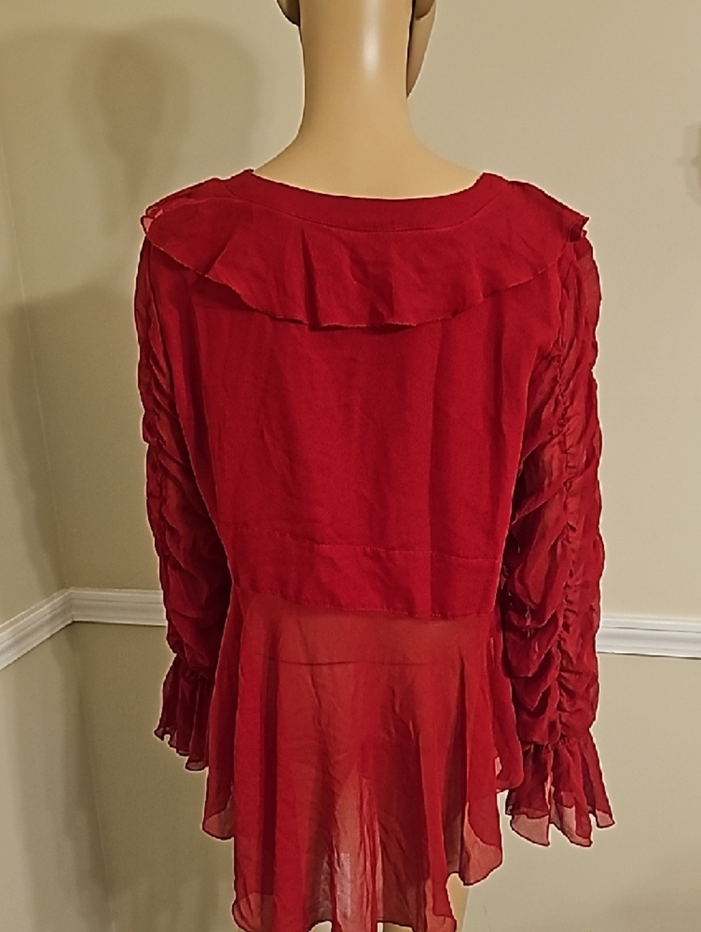 Red Ruffled Sheer Blouse - Picture 4 of 5